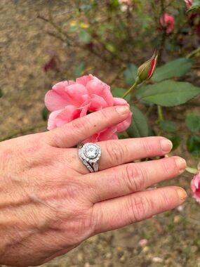 White Round Halo Moissanite Diamond  wedding  Ring with Pave Accents size 6, 7